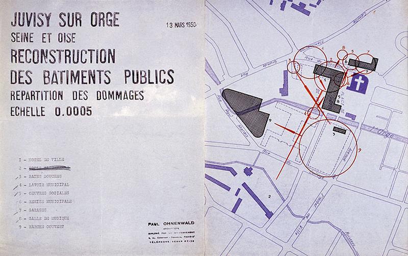 Plan schématique indiquant la répartition des indemnités de dommages de guerre concernant les bâtiments publics sinistrés, 13 mars 1950, signé Paul Ohnenwald, architecte-urbaniste de Juvisy.