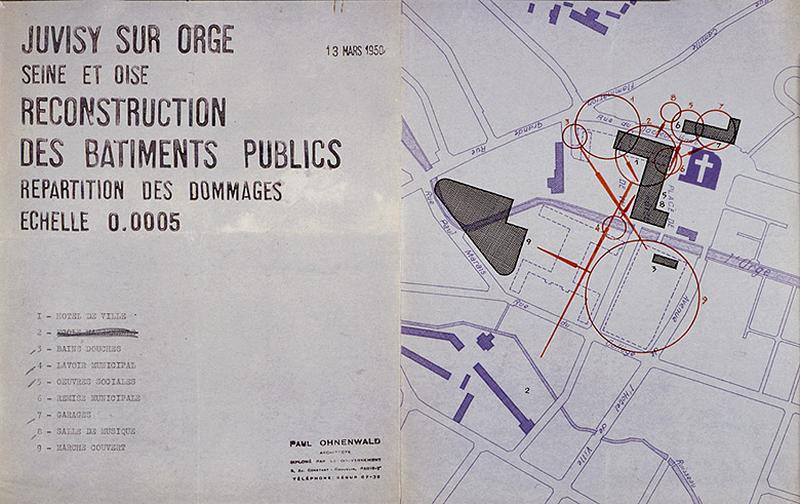 Plan schématique indiquant la répartition des indemnités de dommages de guerre concernant les bâtiments publics sinistrés, 13 mars 1950, signé Paul Ohnenwald, architecte-urbaniste de Juvisy.