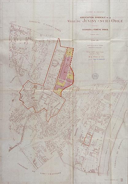 Plan dressé à l'initiative de l'Association syndicale de reconstruction de Juvisy indiquant l'extension du périmètre syndical, à partir du plan topographique levé en 1945 par le géomètre agréé L. Poussin