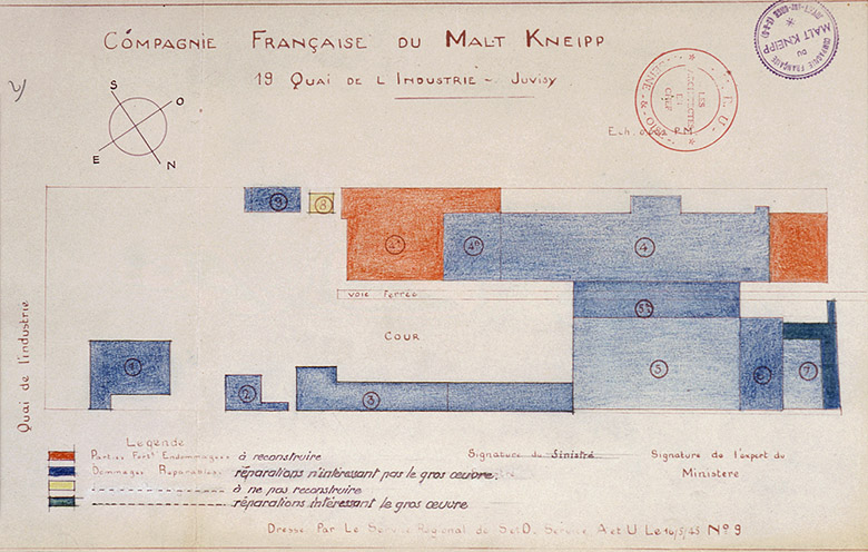 Plan d'ensemble : état des bâtiments à réparer et à reconstruire ou non après les bombardements de 1944. Le 18 avril, une bombe est tombée, sans éclater, sur le bâtiment situé à l'extrémité sud-ouest du plan (en rouge, imprimerie et bureau au rez-de-chaussée, logement du contremaître à l'étage). Le bâtiment 4a (malterie) a été entièrement détruit le 2 juin 44, ce qui a obligé à étayer le bâtiment 4b contigu et à exécuter immédiatement les travaux de reconstruction, sous peine de l'effondrement de l'ensemble. L'usine a été ainsi privée de son atelier de maltage nécessaire à son activité. 1 : bureaux ; 2 : garage ; 3 : atelier, réfectoire, remise ; 4 : usine de torréfaction ; 5 : hangar ; 5bis : abri des voies ; 7 : silos en béton armé ébranlés par le bombardement ; 8 : transformateur détruit le 2 juin ; 9 : conciergerie.