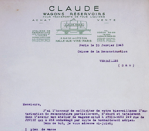 Papier à en-tête des établissements Claude ; 1945.