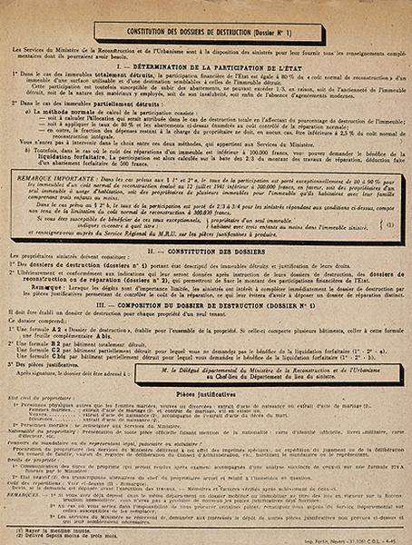 Formulaire émanant du Ministère de la Reconstruction et de l'Urbanisme informant les sinistrés de la procédure à suivre et des informations à fournir pour la constitution d'un dossier de destruction pour dommages de guerre.