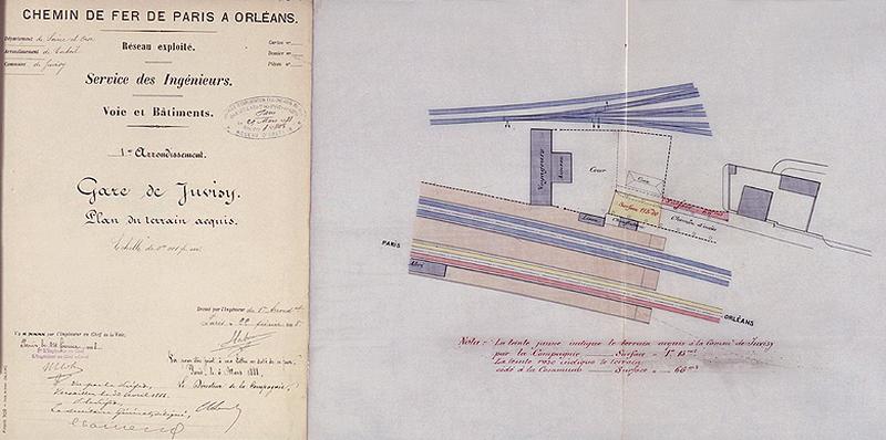 Gare de Juvisy-voyageurs (1e gare) : plan montrant la gare de Juvisy en 1888 à l'occasion de l'acquisition d'un terrain par la Compagnie d'Orléans