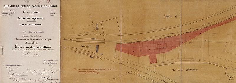 Gare de Juvisy-voyageues (1e gare) : plan montrant la gare de Juvisy en 1864 à l'occasion de l'acquisition d'un terrain par la Compagnie d'Orléans pour l'établissement d'une gare commune à la ligne d'Orléans et à celle de Corbeil (rattachée au réseau P.L.M.), 4 janvier 1864.