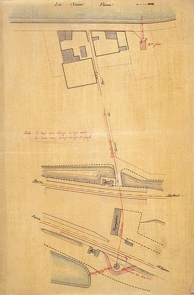 La gare et ses voies ferrées : plan montrant l'ensemble de l'établissement d'une prise d'eau en Seine par la Compagnie d'Orléans pour l'alimentation des locomotives à vapeur, calque, 10 janvier 1867.