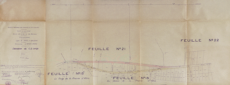 Plan montrant la déviation du C.D. 29 dans le quartier du Val d'Athis pour élargir l'emprise des voies ferrées : plan d'ensemble au 1/5000è, 4 juillet 1949.