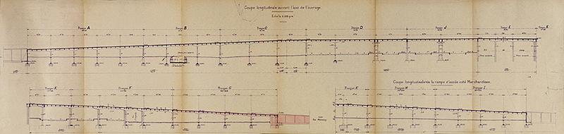 Gare de Juvisy-voyageurs (2e gare) : coupe et élévation longitudinales du pont routier enjambant les voies de la gare voyageurs de Juvisy, 26 octobre 1934.