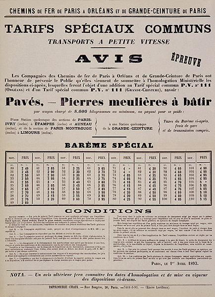 Affiche annonçant un tarif spécial pour le transport de pavés et de pierres meulières à partir de la gare de Juvisy, 1er avril 1893.