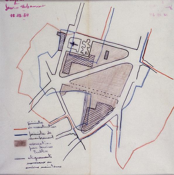 Plan schématique au crayon sur calque indiquant les contours du périmètre de reconstruction, daté du 12 décembre 1950, s.n.