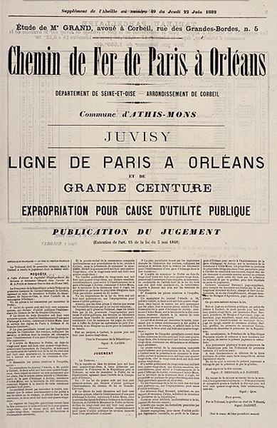 Affiche annonçant l'expropriation des terrains nécessaires à l'établissement d'une gare commune aux compagnies de Paris-Orléans et de la Grande Ceinture : supplément à l'Abeille du 22 juin 1882.