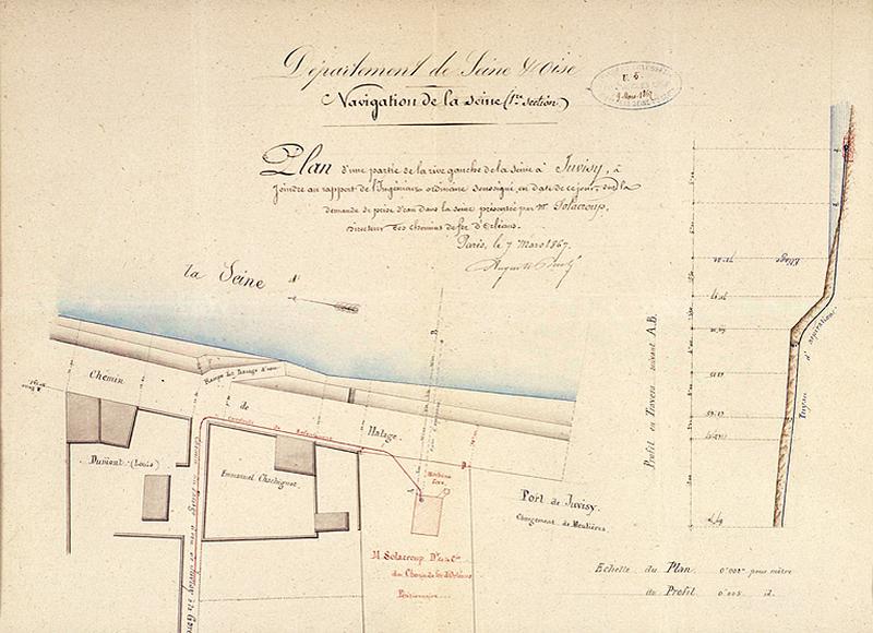 La gare et ses voies ferrées : plan montrant le détail de l'établissement du pompage de l'eau de Seine par la Compagnie d'Orléans pour l'alimentation des locomotives à vapeur, calque, 10 janvier 1867.