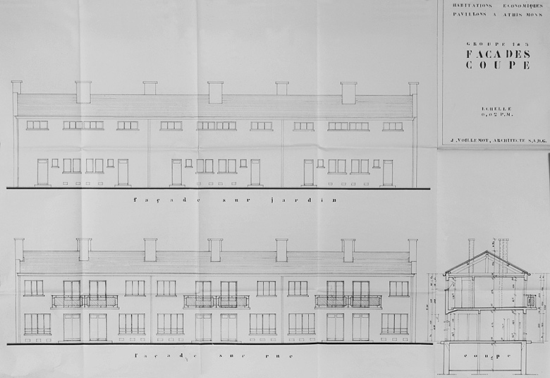 Immeubles collectifs reconstruits par la Société après les bombardements de 1944 : plans (façades et coupe) des groupes 1 et 3 dressés par l'architecte Jacques Voillemot ; 1953.