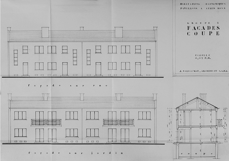 Immeubles collectifs reconstruits par la Société après les bombardements de 1944 : plans (façades et coupe) du groupe 2 dressés par l'architecte Jacques Voillemot ; 1953.