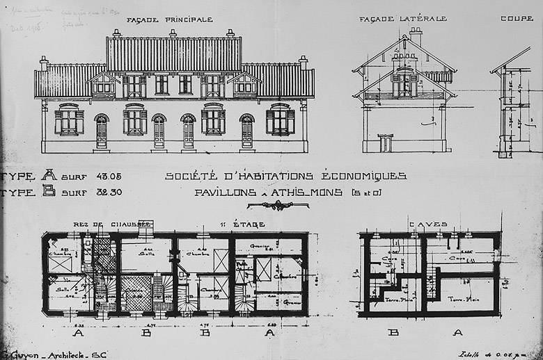 Façades principale et latérale, coupe et plans des pavillons du type A et B, dressés par Georges Guyon ; s.d., [vers 1905].