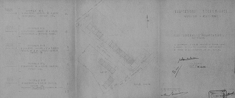 Immeubles collectifs reconstruits par la Société après les bombardements de 1944 : plan d'ensemble des logements répartis en 5 groupes ; Jacques Voillemot, architecte, 19 décembre 1952.