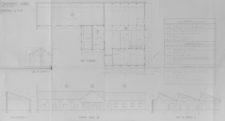 Elévation et plan des bâtiments A (stockage, imprimerie, laboratoire, cantine, garage), 5 (réfectoire, atelier) et 6 (hangar, stockage), détruits par le bombardement du 2 juin 1944. L'ossature des bâtiments A et 6 est constituée de fermes en bois et poteaux sur dés avec remplissage de briques, sur fondations en maçonnerie de moellons. Des sheds couvrent le bâtiment A.