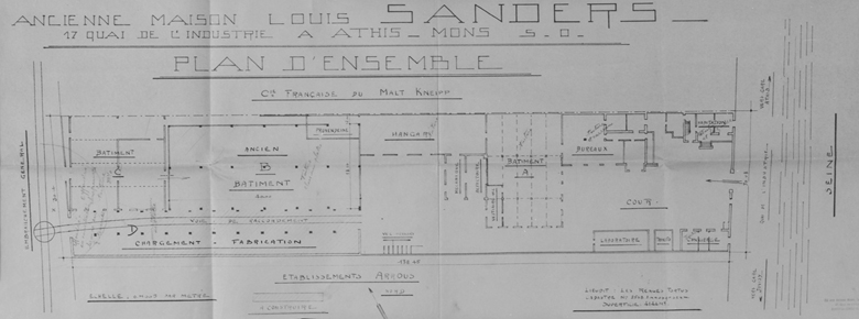 Plan d'ensemble des bâtiments, situés entre l'usine Malt Kneipp (19, quai de l'Industrie) et la société Arrous, société métallurgique de Juvisy. S.d. [1944].