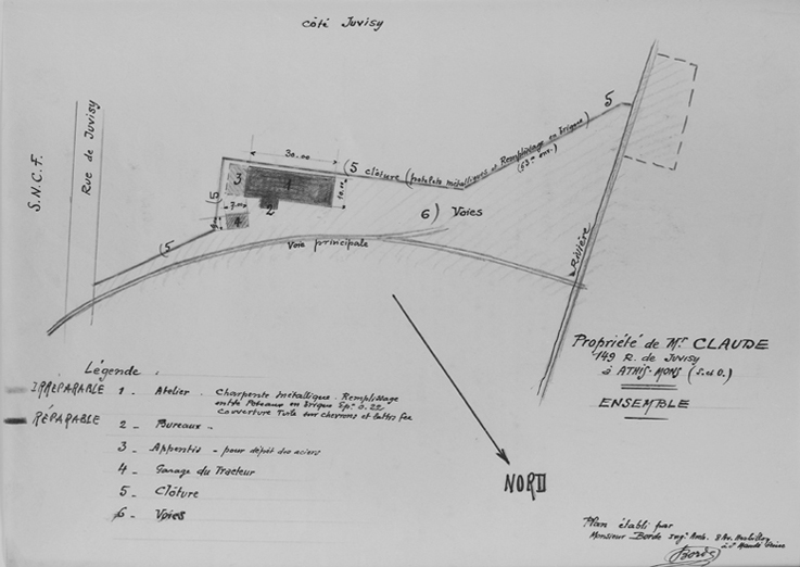 Plan des bâtiments,' réparables et irréparables', dressé par Félix Borde, ingénieur-architecte à Saint-Mandé, après les bombardements.