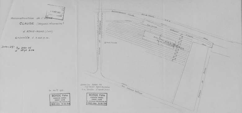 Plan de situation des nouveaux bâtiments, transférés entre la rue Edouard-Vaillant et l'avenue du Bourbonnais ; Félix Borde, ingénieur conseil à Saint-Mandé, 6 novembre 1950.