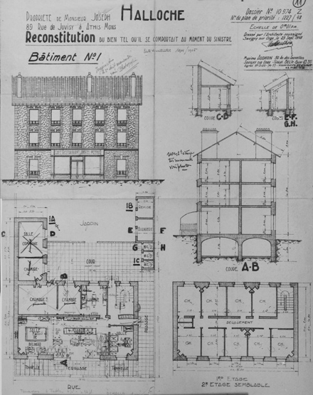 Plan à l'identique de l'immeuble détruit de M. Halloche, situé 89, rue de Juvisy et détruit par le bombardement de 1944.