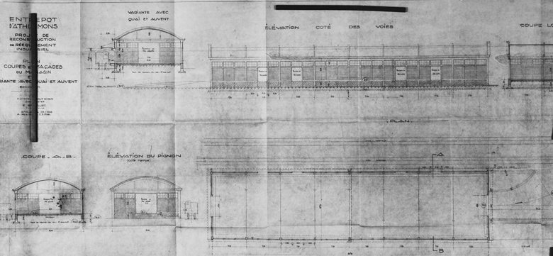 Projet de reconstruction : plan, coupes et façades du magasin, et variante avec quai et auvent ; Lhôtelier et Robin, architectes, et E. Sevellec, ingénieur à Saint-Ouen ; 28 janvier et 2 mars 1946.