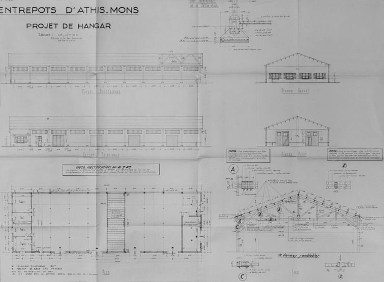 Projet de hangar à charpente métallique ; B. Lhotelier et Guy Robin, architectes à Saint-Ouen, 4 juillet 1947.