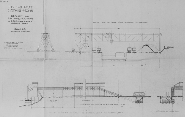Projet de reconstruction : coupes sur la gare d'eau montrant les portiques et sur la fosse de déchargement des wagons STEMI, vue du chargement en bateau des charbons venant par wagons STEMI ; Lhôtelier et Robin, architectes, et E. Sevellec, ingénieur à Saint-Ouen, 26 novembre 1945.