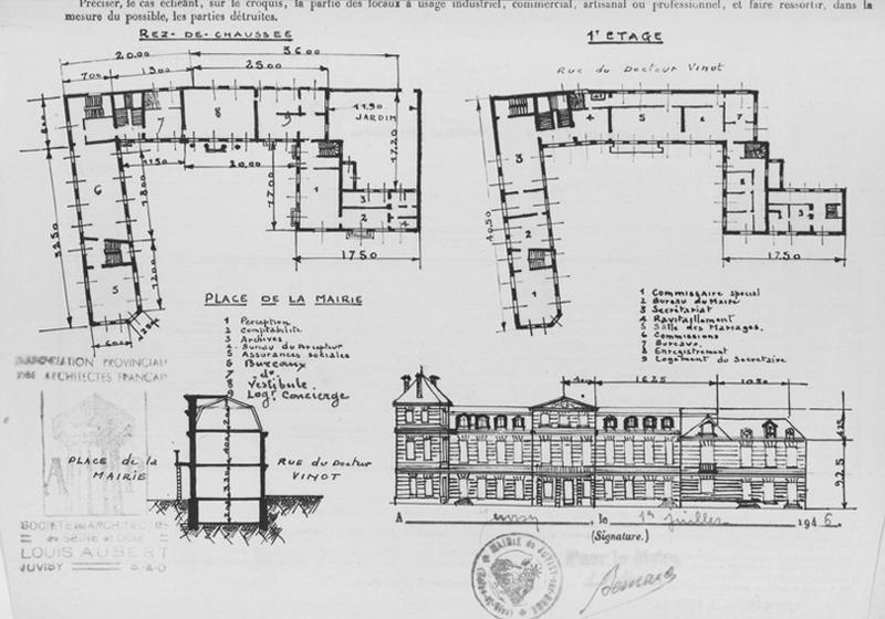 Plans du rez-de-chaussée et de l'étage, élévation de la façade, coupe transversale du bâtiment central dressés par L. Aubert, architecte de la ville, le 1er juillet 1946 et joints à l' 'Etat descriptif du bâtiment totalement détruit' destiné au Commissariat à la Reconstruction.