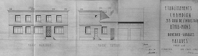 Projet de reconstruction des bâtiments de la société Champion : élévations du bâtiment à usage de logement, bureaux et garages, dressées par les architectes Thivier et Poggi, 25 mars 1949. Ce bâtiment destiné au logement du directeur a seul fait l'objet d'une demande de permis de construire, la réalisation des autres constructions prévues au programme initial de reconstruction (services sociaux et garage, bureaux) ayant été abandonnée.