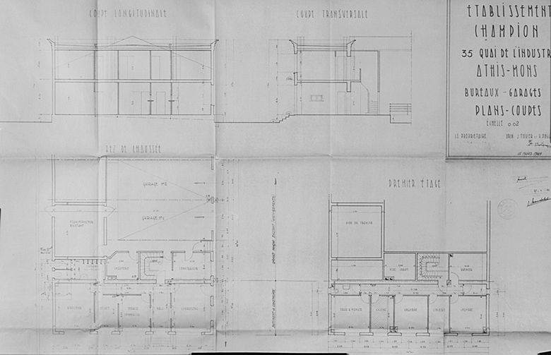 Projet de reconstruction des Etablissements Champion : plans et coupes du bâtiment de bureaux et garages dressées par les architectes Thivier et Poggi, 15 mars 1949.