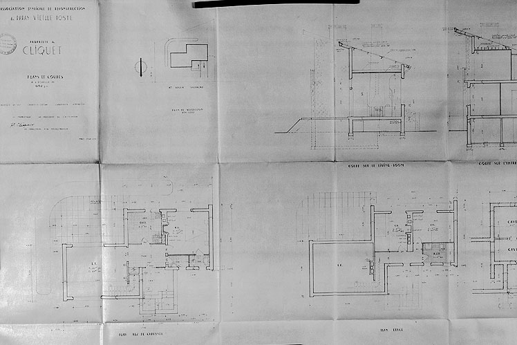 Plans et coupe du pavillon reconstruit pour M. Cliquet dans l'îlot du Contin ; 27 octobre 1951.
