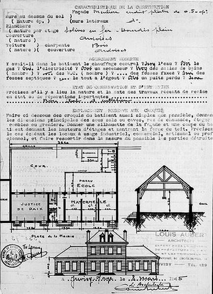 Plan du rez-de-chaussée, coupe transversale et élévation antérieure dressés en 1945 par l'architecte Louis Aubert.