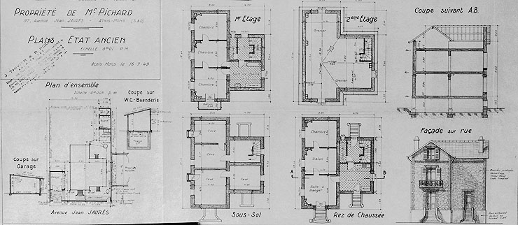 Propriété de M. Pichard dans l'ancien quartier du Val : plans reconstitués par J. Thivier, architecte évaluateur ; 16 juillet 1949.