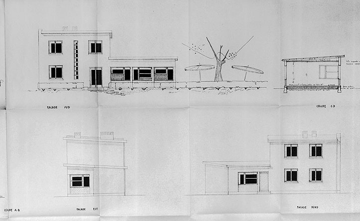 Elévations du pavillon reconstruit pour M. Rougery ; 31 décembre 1953, rectifié le 19 octobre 1954.