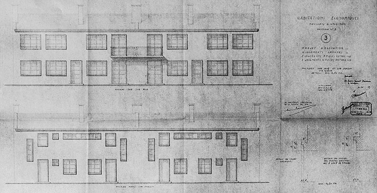 Immeubles collectifs reconstruits par la Société après les bombardements de 1944 : projet de façades sur rue et sur jardin de l'ensemble n° 3 ; Jacques Voillemot, architecte ; 7 mai 1952. A la demande du MRU, les dimensions des baies sur jardin (1er étage) ont été unifiées.