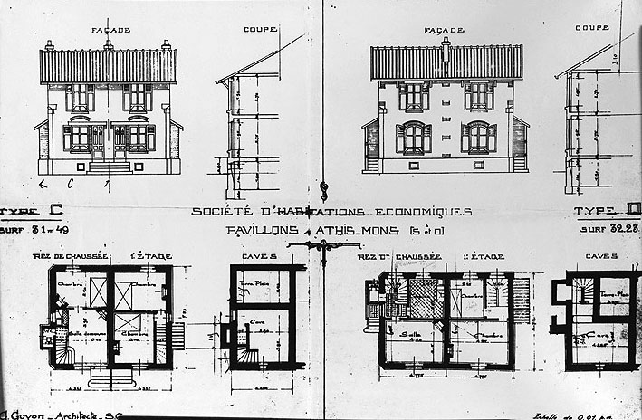 Façades principale et latérale, coupe et plans des pavillons du type C et D, dressés par Georges Guyon ; s.d., [vers 1905].