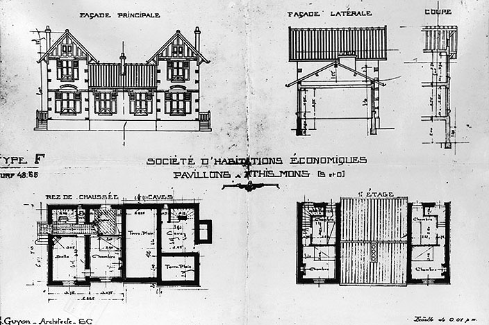 Façades principale et latérale, coupe et plans des pavillons du type F, dressés par Georges Guyon ; s.d., [vers 1905].