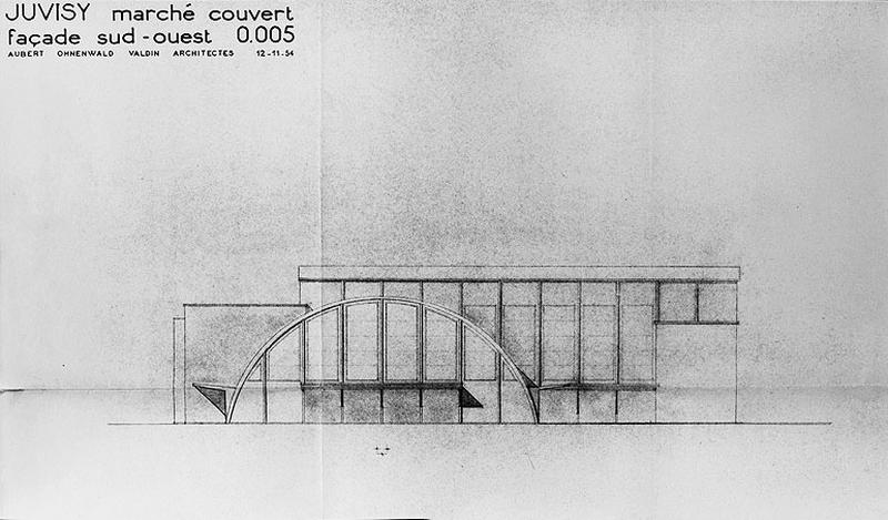 La halle et le bâtiment de la salle des fêtes :façade sud initialement projetée. Projet du 12 novembre 1954, signé Aubert, Ohnenwald et Valdin.