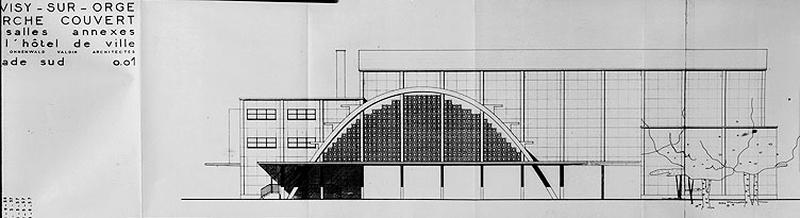 La halle et le bâtiment de la salle des fêtes : façade sud. Projet du 14 juin 1957, signé Aubert, Ohnenwald et Valdin.