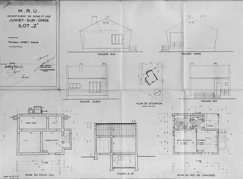 Plans, coupes, élévations de la maison de Mr Arbey, reconstruite par l'architecte Lionnel Mirabaud en 1952 pour l'Association Syndicale des Sinistrés