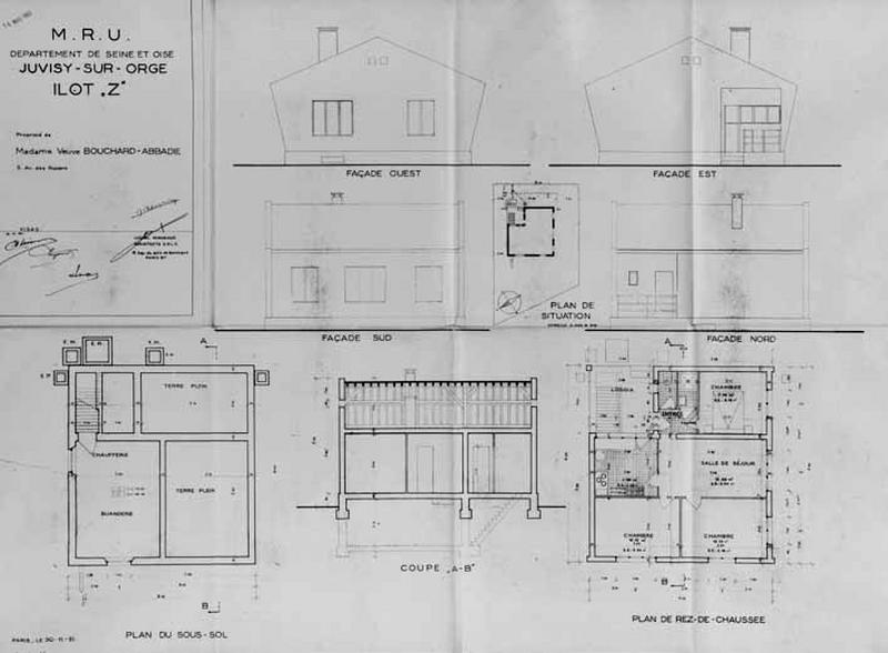 Plans, élévations de la maison reconstruite par l'architecte Lionnel Mirabaud en 1952 pour l'Association Syndicale des Sinistrés