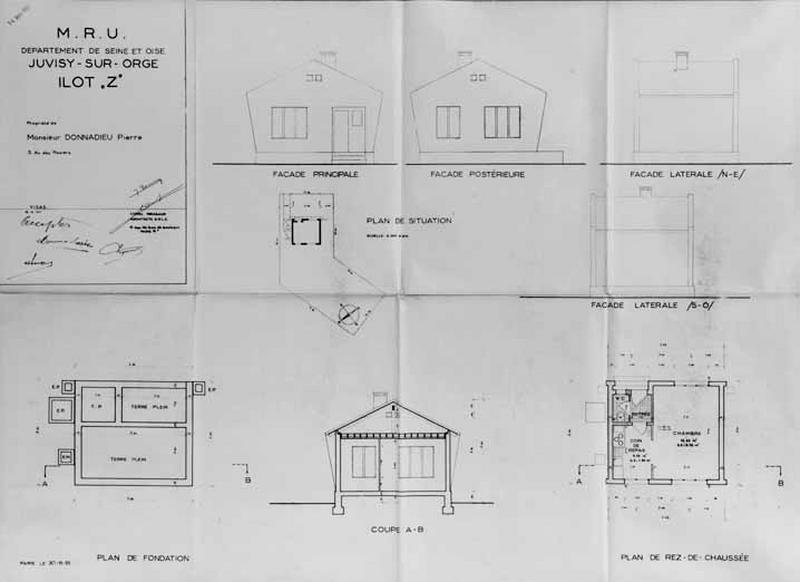 Elévations antérieure, postérieure et latérales, plans des fondations et du rez-de-chaussée et coupe transversale de la maison de Monsieur Pierre Donnadieu, reconstruite par l'architecte Lionnel Mirabaud pour l'Association Syndicale des Sinistrés, 1952