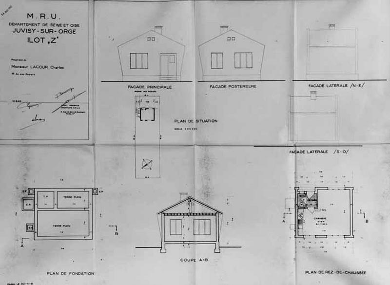 Elévations antérieure, postérieure et latérales, plans des fondations et du rez-de-chaussée et coupe transversale de la maison de Monsieur Charles Lacour, reconstruite par l'architecte Lionnel Mirabaud pour l'Association Syndicale des Sinistrés, 1952