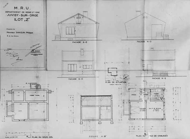 Elévations antérieure, postérieure et latérales, plans des fondations et du rez-de-chaussée et coupe transversale de la maison de Monsieur Philippe Sanquin, reconstruite par l'architecte Lionnel Mirabaud pour l'Association Syndicale des Sinistrés, 1952