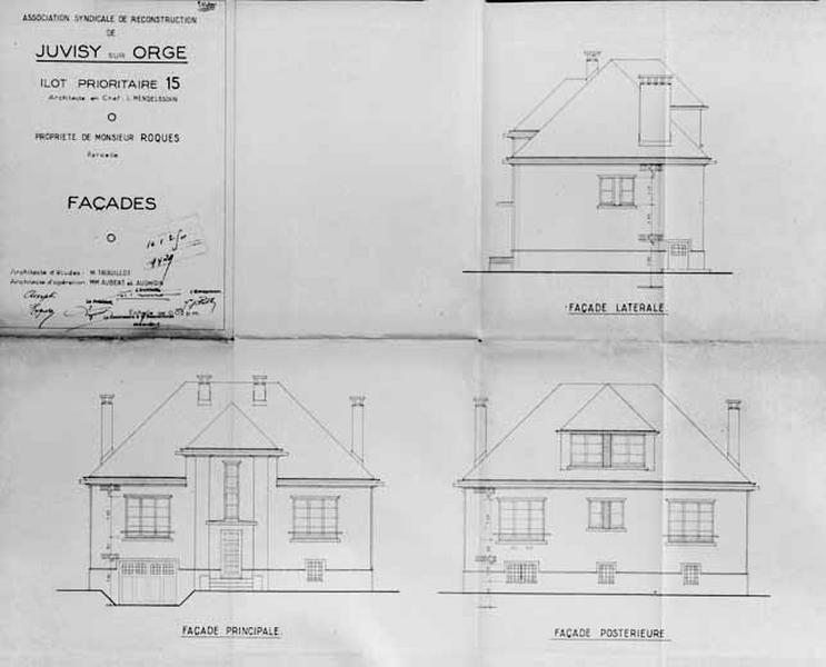 Elévations antérieure, postérieure et latérales de la maison de M. Roques, reconstruite par les architectes Louis Aubert et Maxime Audhouin pour l'Association Syndicale des Sinistrés, 1950