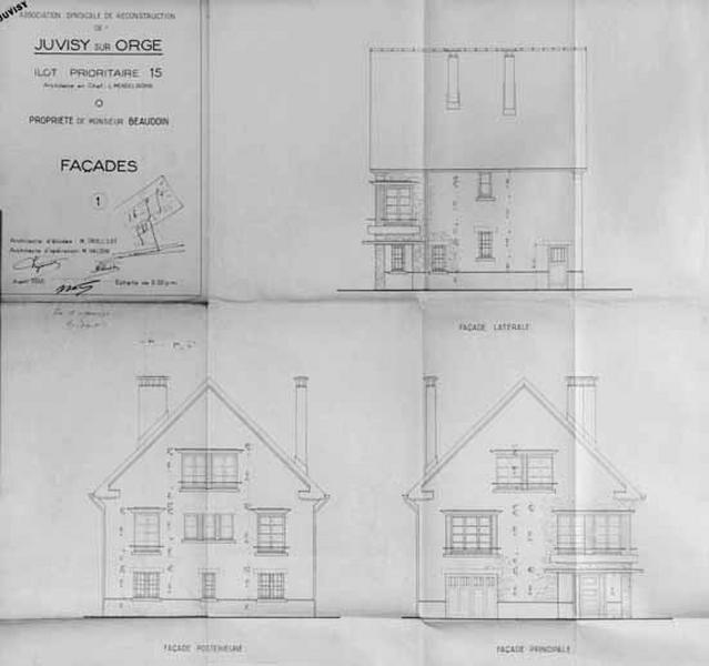 Elévations antérieure, postérieure et latérales de la maison reconstruite de M. Raymond Beaudouin, par l'architecte Eugène Valdin pour l'Association Syndicale des Sinistrés, 1950