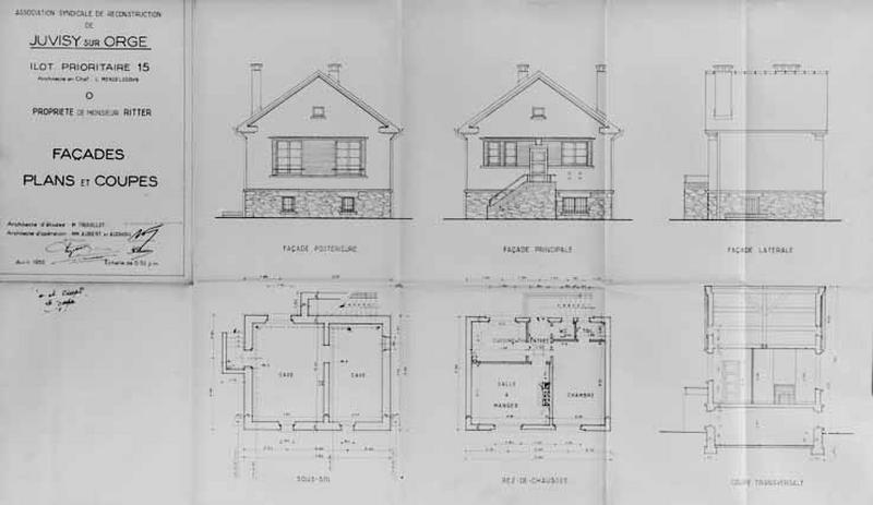 Elévations antérieure, postérieure et latérales, plans du sous-sol et du rez-de-chaussée, coupe transversale de la maison de M. Ritter, reconstruite par les architecte Louis Aubert et Maxime Audhoin pour l'Association Syndicale des Sinistrés, 1950