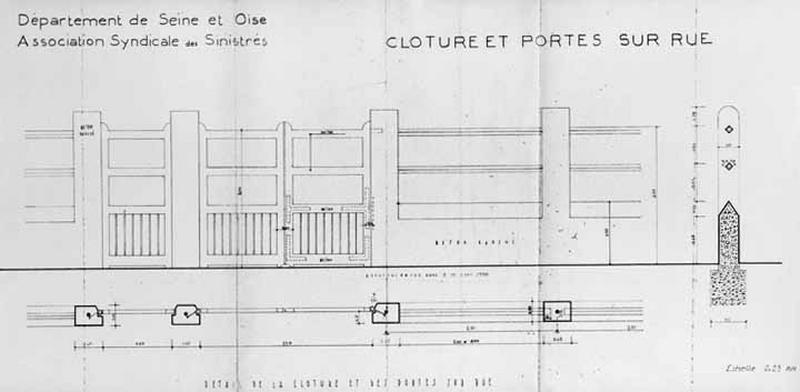 Plans et élévation d'un modèle de clôture séparative et de clôture sur rue proposée pour la reconstruction des maisons de l'ilôt 12 de Juvisy à l'Association Syndicale des Sinistrés.