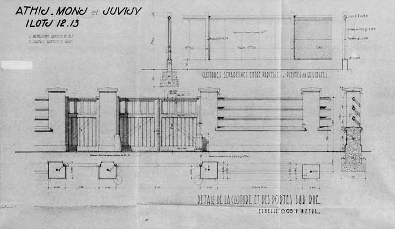 Plans et élévation d'un modèle de clôture séparative et de clôture sur rue proposée par l'architecte chef-de-groupe P. Garofalo pour la reconstruction des maisons de l'ilôt 12 de Juvisy à l'Association Syndicale des Sinistrés.