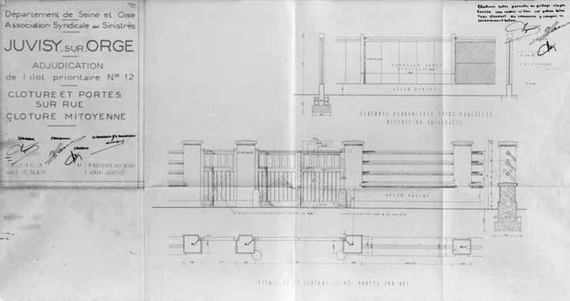 Plans et élévations de clôtures mitoyennes et de clôtures sur rue proposés par l'architecte chef-de-groupe G. Dumont à l'Association Syndicale des Sinistrés.